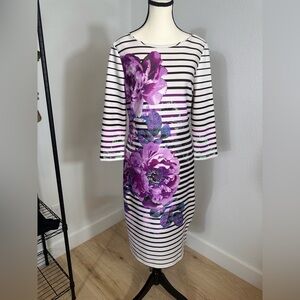 Beige by eci White Striped Midi Dress with Purple Floral Print